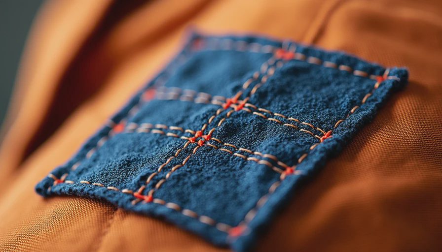 Close-up of strong professional patch repair on FR fire pants with grid stitching