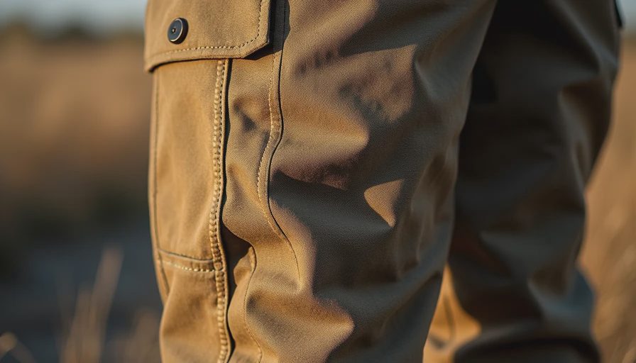 Close-up of reinforced knee and cargo pocket on tough FR work pants