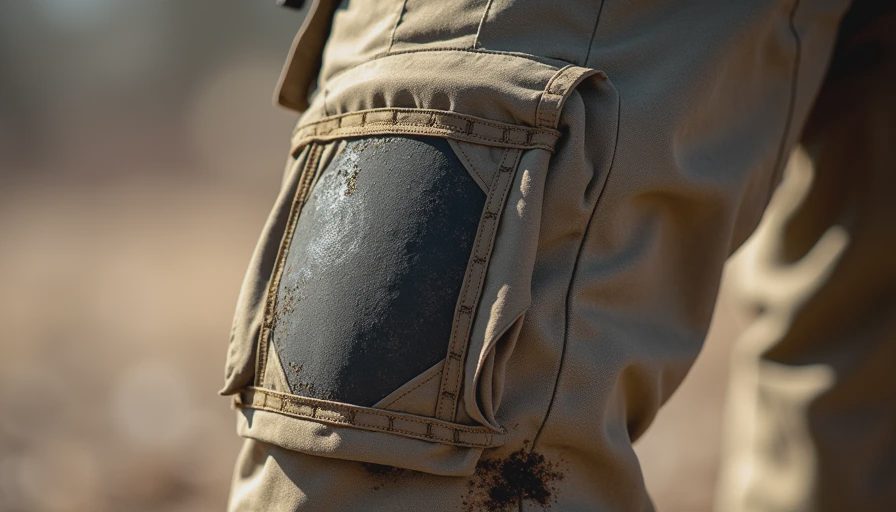 Close-up of reinforced knee and cargo pocket on Nomex work pants showing field wear