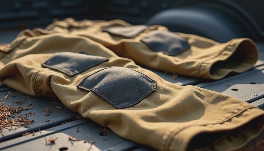 Repaired wildland fire pants with visible patches on truck tailgate